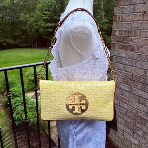 Tory Burch Yellow Patent Leather Handbag With Gold Chain Strap